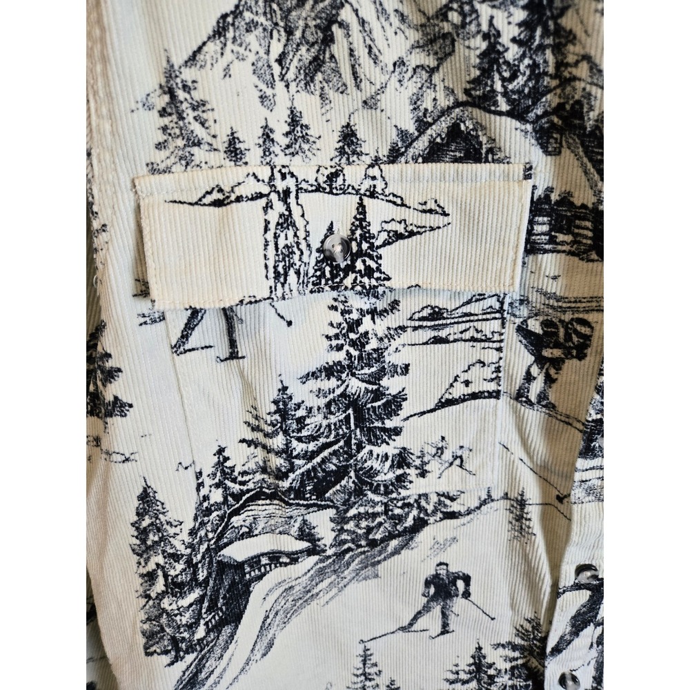 Forever 21 Men Corduroy Button Down Shirt XL Skiing Mountain Print Off White - Picture 3 of 10